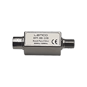 Filtr pasmowy Lemco BPF-88-108 — kompaktowy moduł RF złącza F, widok produktu